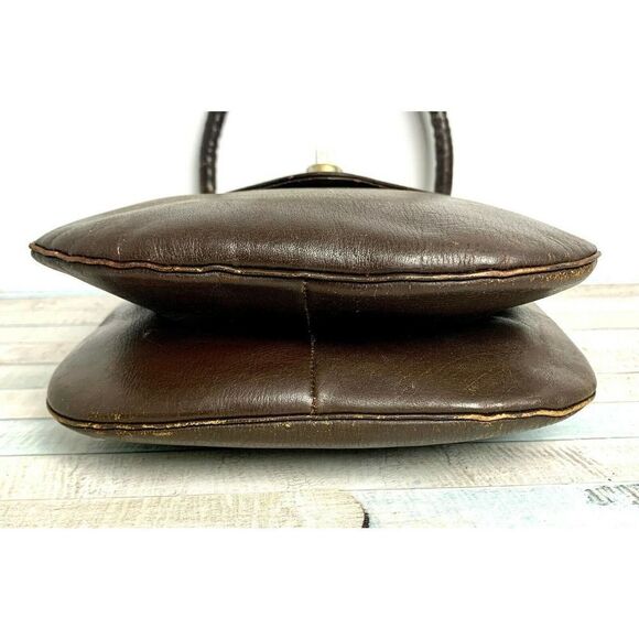 VINTAGE BROWN GENUINE LEATHER TURN LOCK FLAP TOP HANDLE HANDBAG PURSE - Picture 6 of 9
